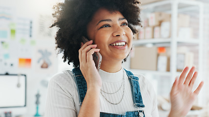Image showing Black woman, phone call and ecommerce logistics in office, creative local startup and e commerce retail company. Smile, happy or networking worker with communication technology for customer shipping