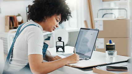 Image showing Planning, writing and black woman working on company or business schedule, work calendar and meeting agenda. Receptionist, employee or worker with creative startup, ecommerce or marketing checklist.