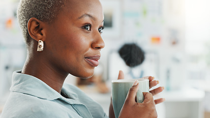 Image showing Black woman drink coffee, thinking and relax in work office remember happy memory on job break. Young, calm and South African girl employee or manager smile, enjoy and drinking relaxing morning tea