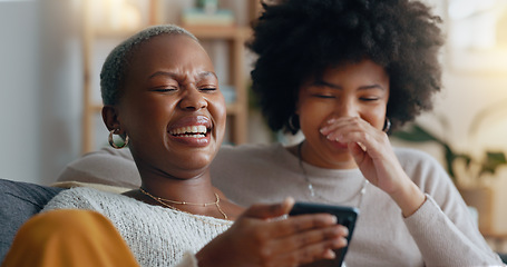 Image showing Women, laugh and phone search on dating app profile, internet movie streaming and social media in house living room. Happy smile, comic friends bond or lgbtq black couple on web in home interior sofa