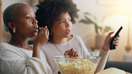 Image showing Women, movie or eating popcorn and watching tv show or subscription series in house living room. Smile, happy or friends talking during media film for streaming a drama foe entertainment together