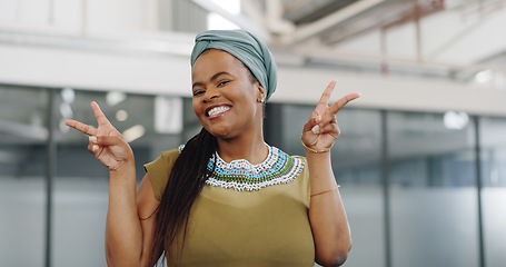 Image showing Peace hands, happy black woman and face for success, motivation and pride in african culture, office building and Ghana. Portrait of female worker, winner and victory sign, emoji and fun celebration