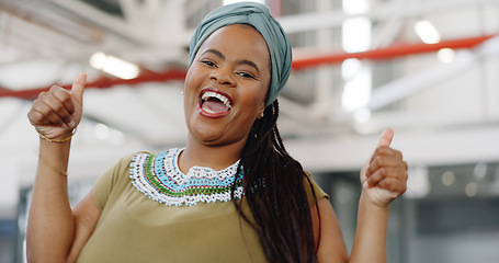 Image showing Walking business woman, face or success thumbs up in creative office, clothing workshop or Ghana manufacturing studio. Portrait, happy smile or cool fashion designer in trust, thank you or vote hands