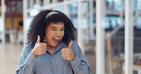 Image showing Black woman, face and smile with thumbs up for good job, okay or satisfaction for career at the office. Portrait of happy African American female creative designer smiling with thumbsup for startup