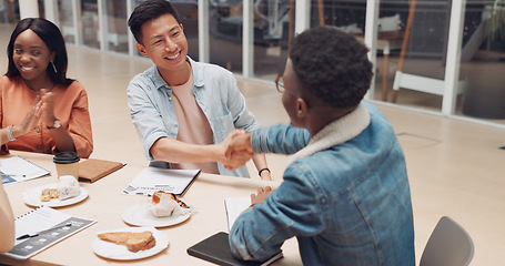 Image showing Success, handshake or black man happy with meeting sales target, kpi goals achievement or winning a bonus. High five, winner or group of employees in celebration of a business deal or job promotion