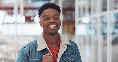 Image showing Black man, face and smile portrait in building for designer success, positive mindset and employee standing in lobby. African man, portrait and happy for innovation vision or entrepreneur headshot