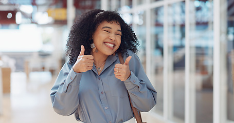 Image showing Business, office and happy black woman with thumbs up for corporate motivation, company mission success and career achievement. Yes, like and portrait of excited African employee with emoji hand sign
