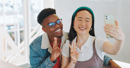 Image showing Phone selfie, peace sign and thumbs up of couple taking pictures for happy memory, social media or blog post. Love, diversity and man and woman with hand gesture taking a photo on smartphone at home.