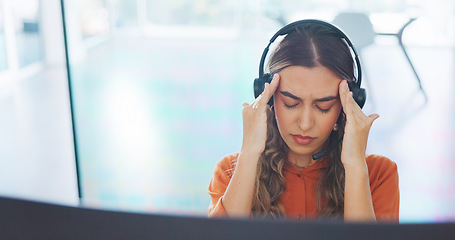 Image showing Woman, headache and telemarketing stress on computer, consulting deadline migraine or employee burnout in office. Frustrated call center agent, tired or overworked and exhausted or head pain fatigue