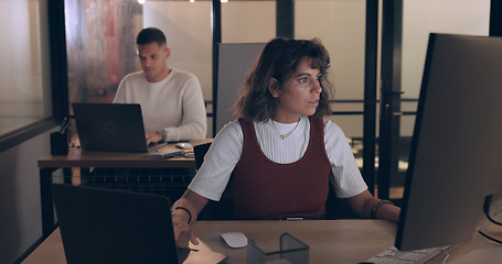 Image showing Corporate woman, night and computer for typing, reading or planning at social media marketing job. Seo expert, late and businessman in office with laptop, focus or digital marketing strategy for goal