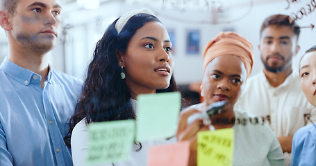 Image showing Black woman, leadership and presentation with sticky notes in business meeting, teamwork collaboration and brainstorming strategy. Team, african woman leader and team training