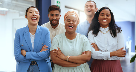 Image showing Diversity, business and team arms crossed for leadership, collaboration and group project in modern office. Multiracial, teamwork and staff laughing together, marketing strategy, planning and happy.