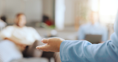 Image showing Conference, presentation and hand of speaker coaching at seminar, workshop or trade show for corporate advice. Meeting, communication and leadership of woman speaking to audience of business people.