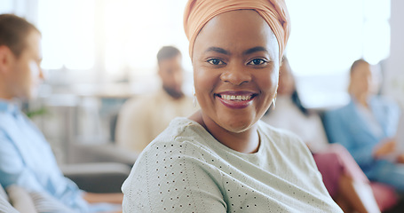 Image showing Business, black woman portrait and creative worker in a meeting with a smile about work. Office, growth and happy woman web design employee ready for team strategy and business meeting success