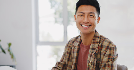 Image showing Web design, smile and face of an Asian man on a computer for information technology, website and coding. Happy, designer and portrait of a programmer working on a desktop app on a pc for work