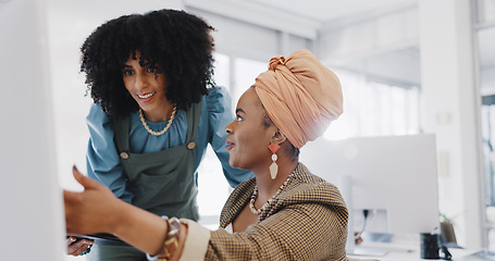 Image showing Business, computer and women help in office, online process and explain new system to agent. Female manager, employee and conversation for digital marketing, corporate technology and pc for planning