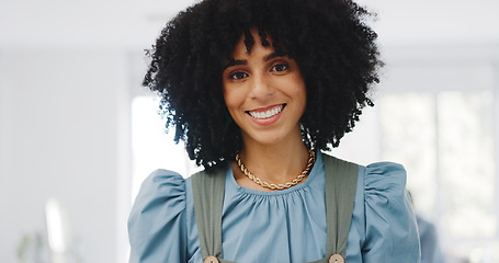 Image showing Face, business and black woman with tablet, connection and social media. Portrait, African American female or leader for digital marketing, fintech or communication for brand development or corporate