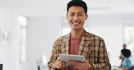 Image showing Email, social media and face of a businessman with a tablet for marketing website, web communication and networking. Digital marketing, smile and portrait of an employee with tech for planning