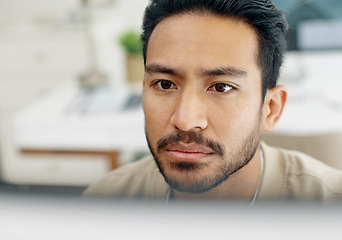 Image showing Asian man, face thinking and idea with computer, planning and brainstorming for success in programming. Tech startup worker, executive focus and solution with innovation by desktop pc in workplace