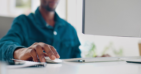 Image showing Office computer mouse, hands and black man working feedback review of social media, customer experience or ecommerce. Website analytics, research report and media analyst doing online survey analysis