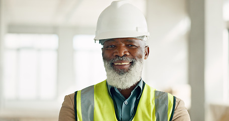 Image showing Senior black man, architect and portrait smile for construction or building project on site at the workplace. Happy elderly African American male professional builder smiling for industrial success