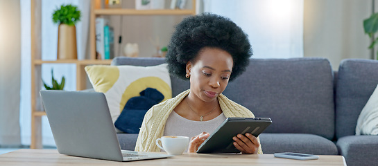 Image showing Women with coffee, sitting on the floor, back against the sofa reading email, checking social media at home. Woman working from home with computer and tablet in living room on internet.