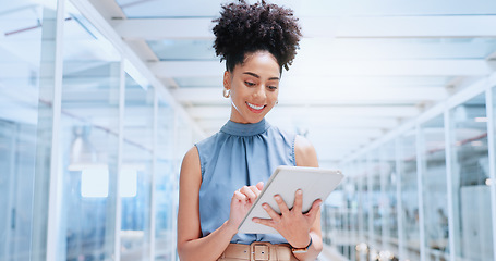 Image showing Corporate, woman and entrepreneur with tablet, typing and digital marketing in workplace, smile and focus. Female employee, leader and consultant busy with online research, app and schedule planning