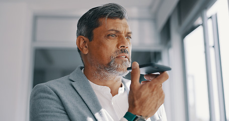 Image showing Business man, smartphone and speaker for connection, conversation and calendar planning in workplace.. Ceo, leader and male entrepreneur with cellphone, discussion for schedule and corporate deal.