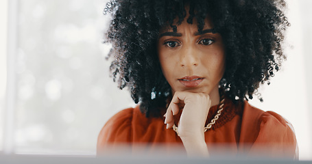 Image showing Face, confused and business woman in office with glitch or 404 error on computer. Thinking, pc and black woman shaking head trying to solve problem, issue or mistake while working on marketing email.