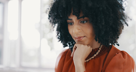 Image showing Business, thinking and black woman in office with laptop working on report, online project and research. Vision, ideas and female worker with computer at desk brainstorming, planning and strategy