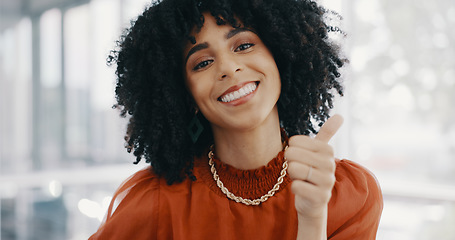 Image showing Happy, office and black woman thumbs up for business achievement, target goals success or emoji hand sign. Employee congratulations, worker and portrait of African manager girl with thumb up feedback