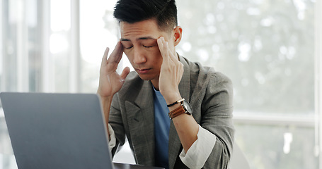 Image showing Asian businessman, headache or tired face in communication office, laptop or marketing company. Man, computer and mental health with burnout, target or kpi at digital marketing agency on web in Tokyo