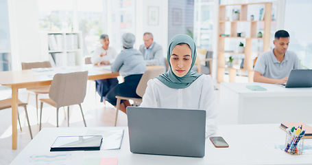 Image showing Creative muslim woman, laptop and web design in marketing, advertising or branding startup at the office. Woman employee designer with hijab working on market strategy or design on computer at work