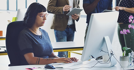 Image showing Business, creative and woman with computer in office, typing and focus for planning, email and proposal. Company, female employee and serious manager with pc, startup and thinking for website launch