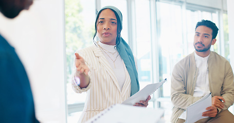 Image showing Business woman, question and mentor in training, workshop or collaboration in diversity growth, target or teamwork goals. Happy speaker, talking and leadership on paper documents for office education