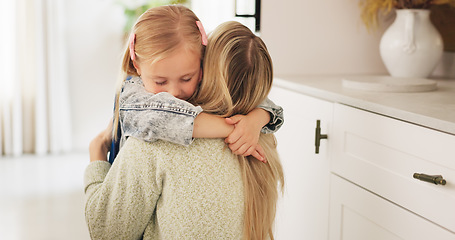 Image showing Hug, mother and child with love, care and smile to celebrate mothers day in their house. Young girl hugging her mom for affection, happiness and peace in the living room of their family home