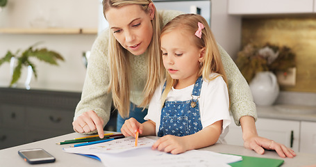 Image showing Education, mother and learning child writing or drawing for kindergarten school homework or project in a house. Support, development and mama helping or working with a smart and creative girl student