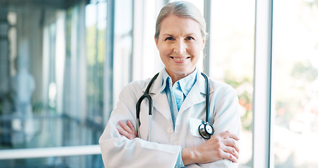 Image showing Woman, face or arms crossed doctor with hospital surgery ideas, life insurance vision or medical wellness goals. Mature portrait, smile or happy healthcare worker in trust innovation or success help