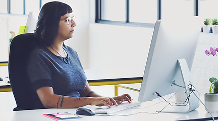 Image showing Business, computer for typing and woman planning, focus and online reading for news, email and proposal for advertising campaign. Female employee, leader and manager with pc, thinking and workplace