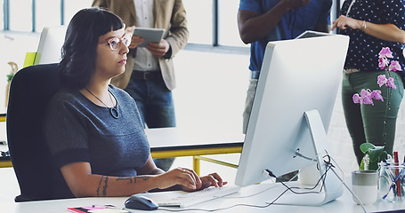 Image showing Computer, research and business woman reading social network feedback, customer experience analytics or ecommerce. Digital brand monitoring, web database and media worker review of online survey data