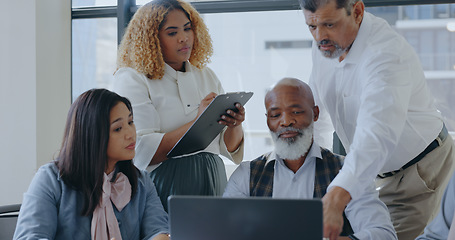 Image showing Laptop, CEO or senior business people in meeting planning a marketing strategy for company financial growth. Innovation, leadership or executive employees working in a partnership for kpi sales goals