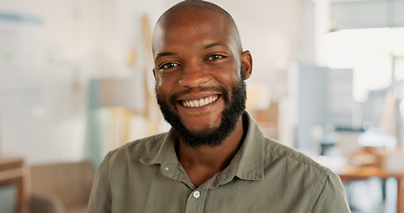 Image showing Tablet, corporate and businessman working, planning and reading an email on the internet at work. Portrait of a happy African employee with a smile while typing and networking on technology