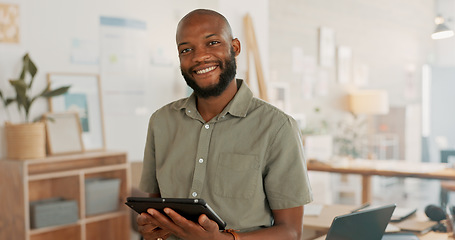 Image showing Tablet, office and business black man with digital marketing, company asset management and startup career. Commerce, technology and businessman entrepreneur, boss or manager in a work smile portrait