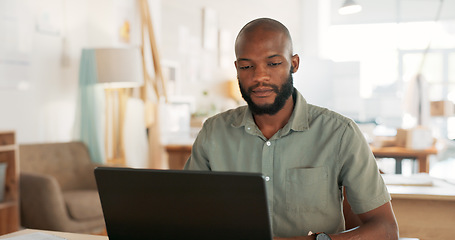 Image showing Email, phone and businessman working, planning and in communication with people on the internet at work. African manager, worker or employee typing on a laptop and reading on a mobile in an office