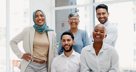 Image showing Diversity, team portrait and smile together in office for collaboration support, startup happiness and excited employees. Interracial teamwork, group solidarity and happy corporate goals motivation