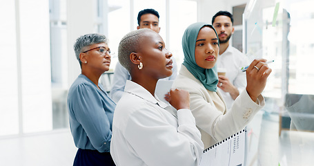 Image showing Leadership, writing or business people with sticky notes for planning marketing SEO calendar, vision or mission. Teamwork, diversity or business woman in meeting for data analysis or strategy review