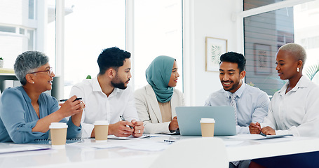 Image showing Laptop, diversity or business people planning in office for marketing strategy, web SEO growth or research. Teamwork, happy or manager on tech for collaboration, social media or KPI documents review