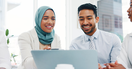 Image showing Research, diversity or business people on laptop in office for marketing strategy, web SEO growth or business meeting. Teamwork, happy or collaboration on tech planning, social media or network blog