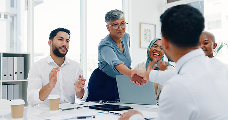 Image showing B2B, thank you and handshake business people applause for welcome, partnership or hiring contract on success deal. Trust, support and collaboration worker shaking hands at end of business meeting.