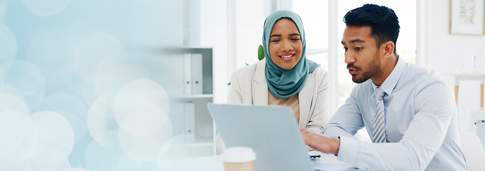 Image showing Research, diversity or business people on laptop in office for marketing strategy, web SEO growth or business meeting. Teamwork, happy or collaboration on tech planning, social media or network blog